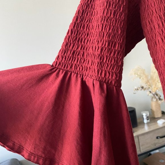 Anthropologie  Dark Red Smocked Bell-Sleeve Top Size M - Picture 8 of 9